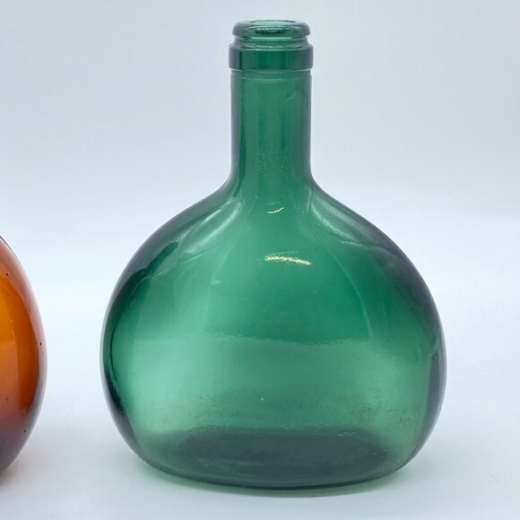 Pair Of Vintage Vinol Green and Amber Glass Flask Style Bottles Rounded Shape - Picture 3 of 15